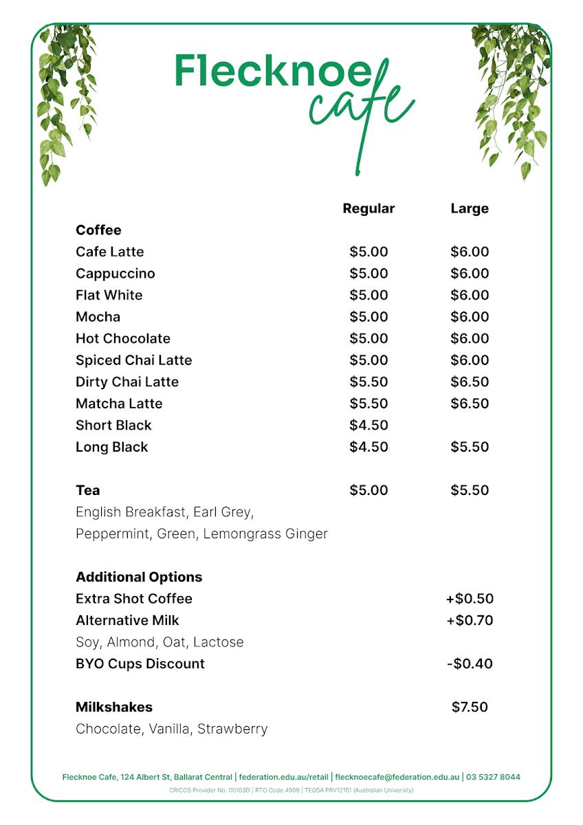 Menu, Flecknoe Cafe