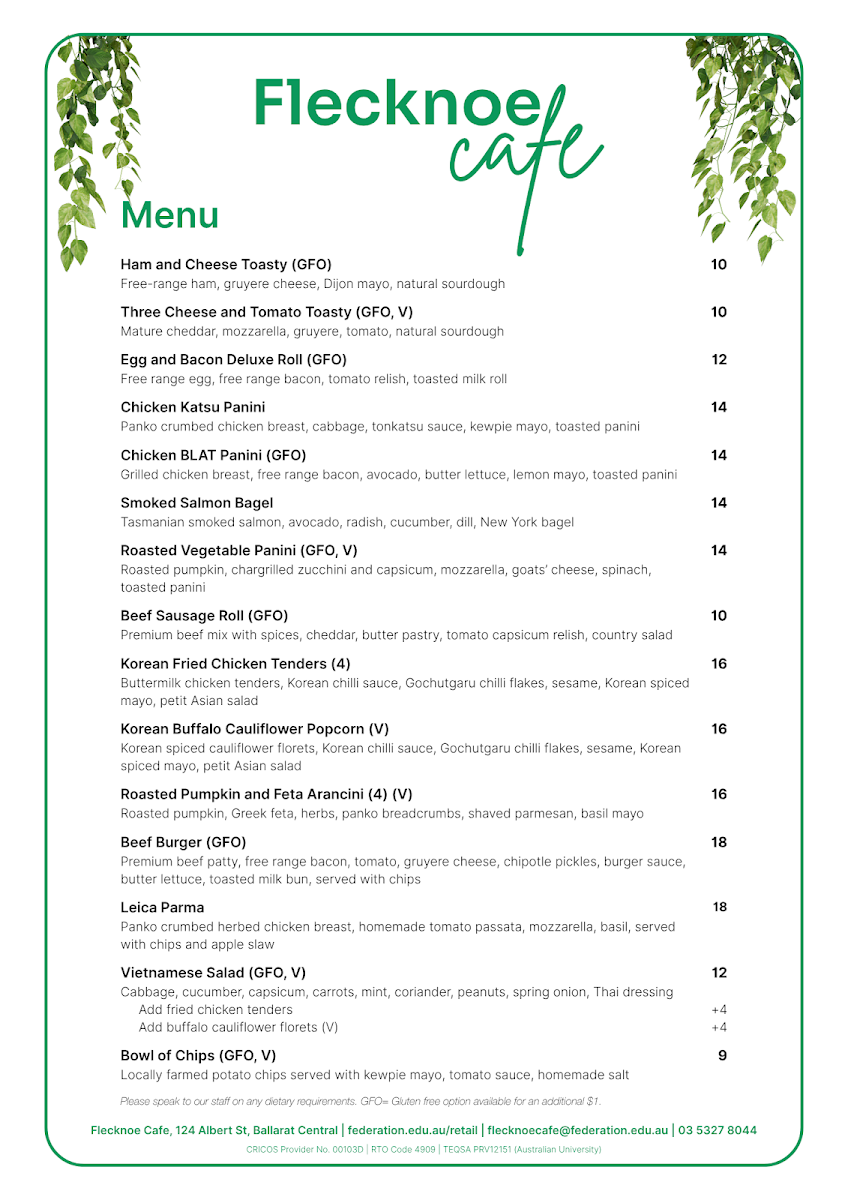 Menu, Flecknoe Cafe