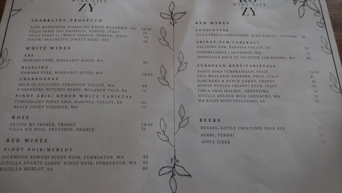 Menu, Kozy Restaurant