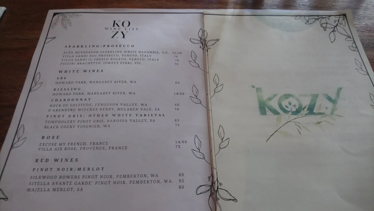 Menu, Kozy Restaurant
