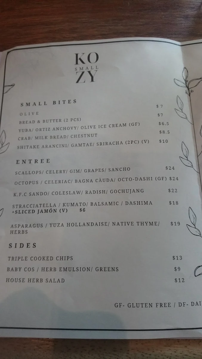 Menu, Kozy Restaurant