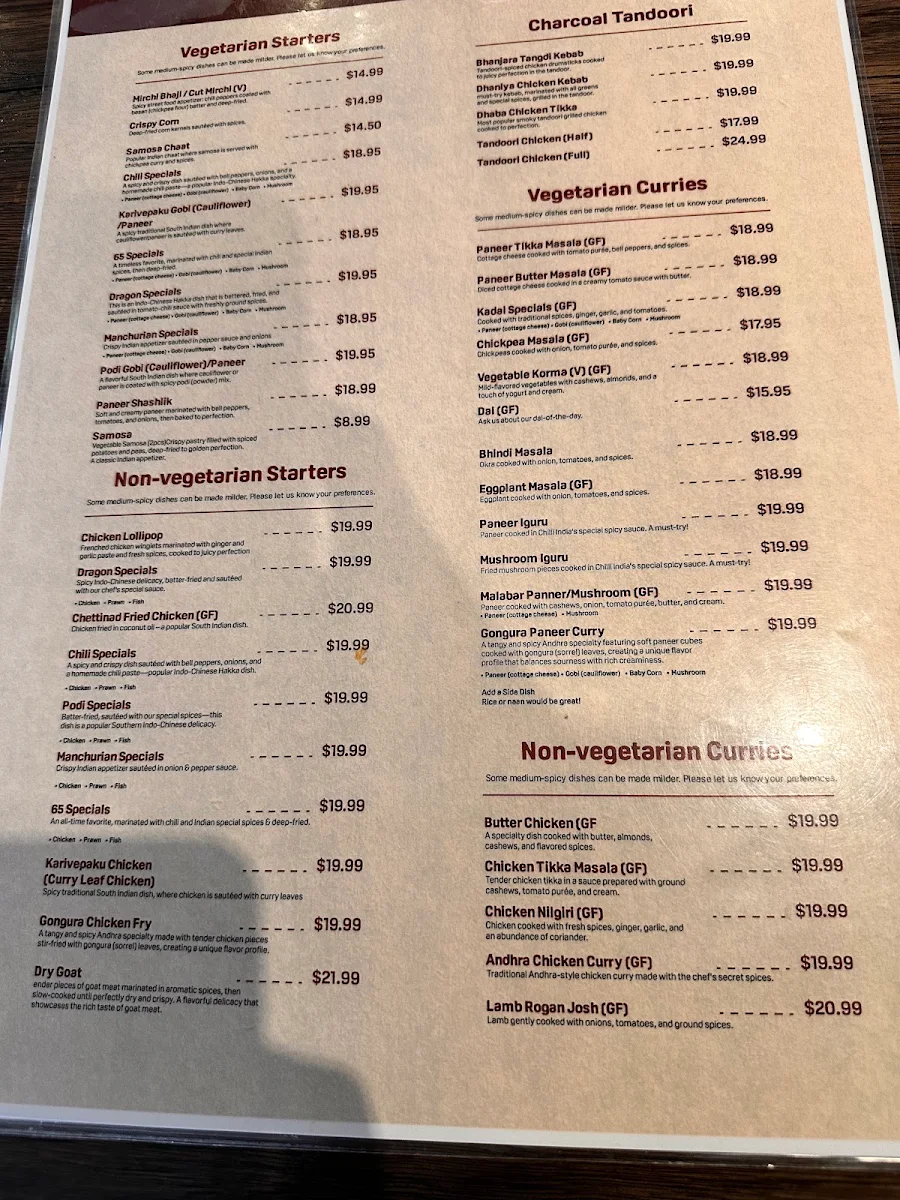 Menu, Chilli India On The Go