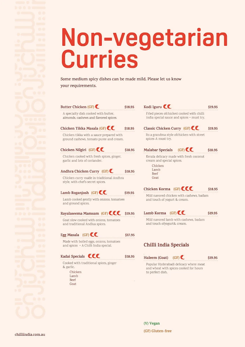 Menu, Chilli India On The Go