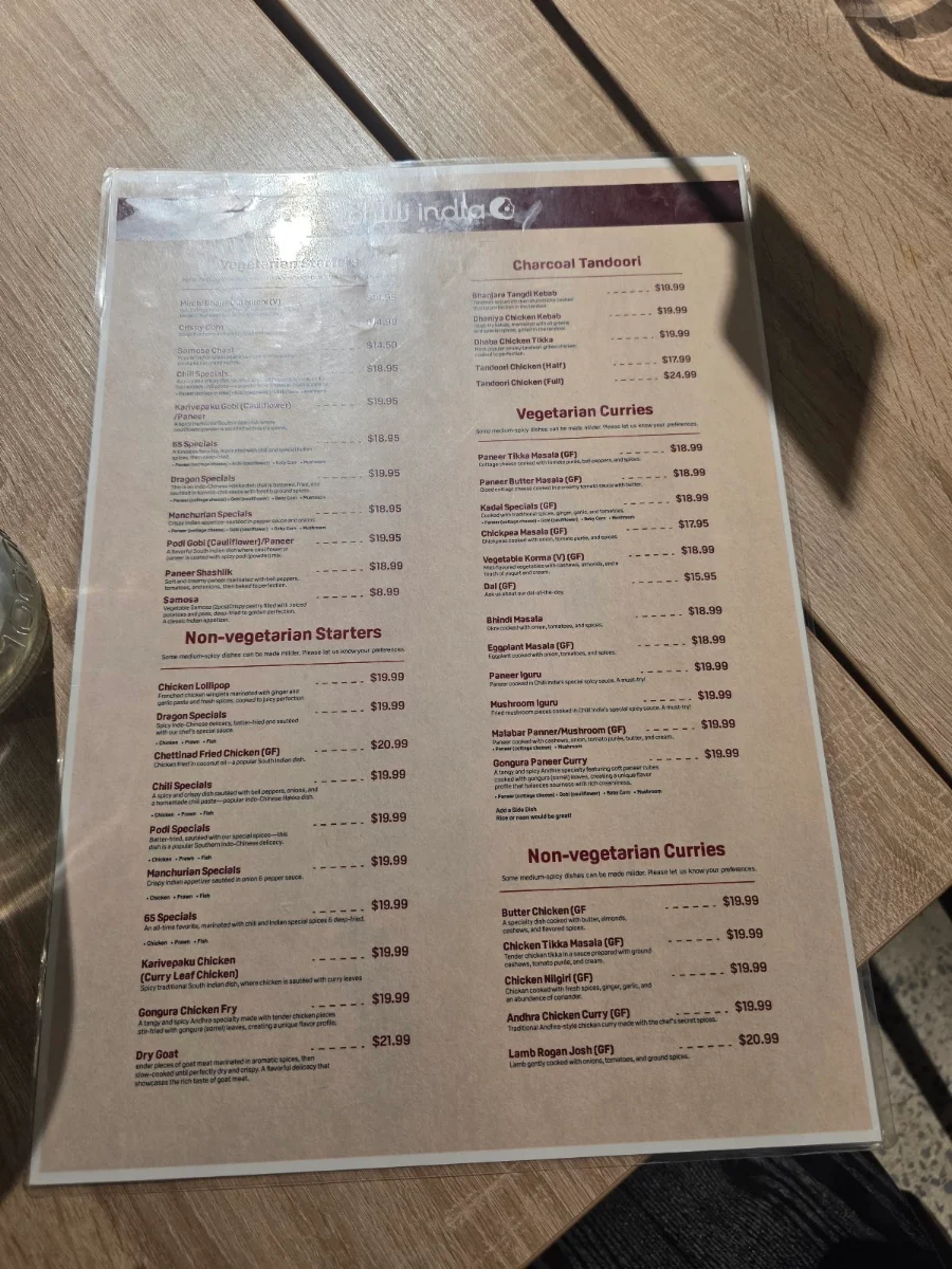 Menu, Chilli India On The Go