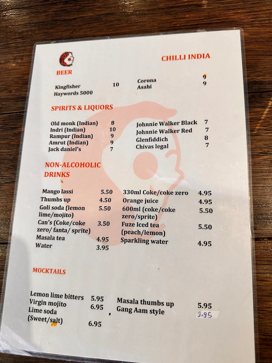 Menu, Chilli India On The Go