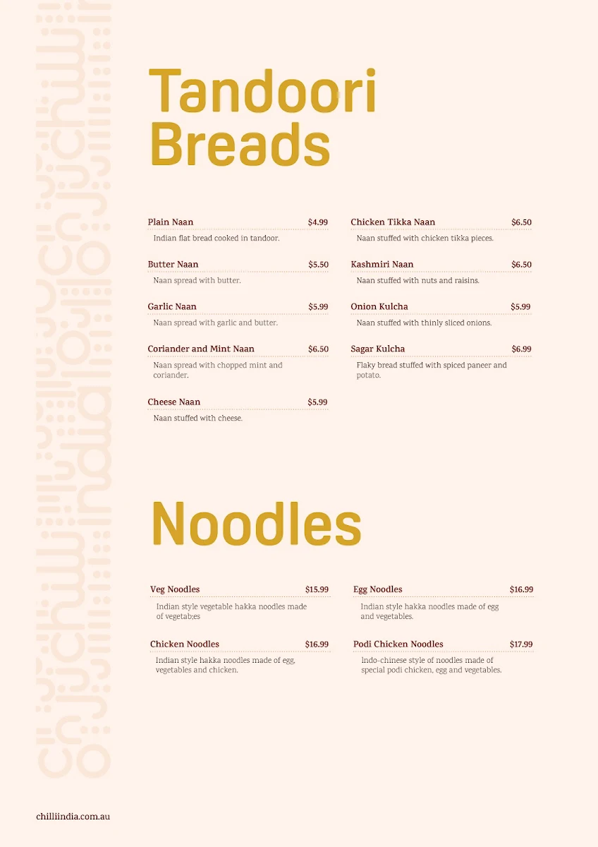 Menu, Chilli India On The Go