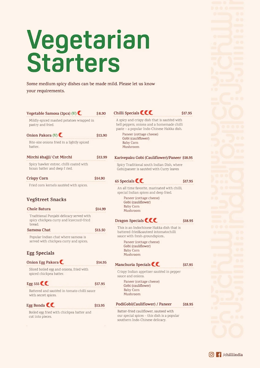 Menu, Chilli India On The Go