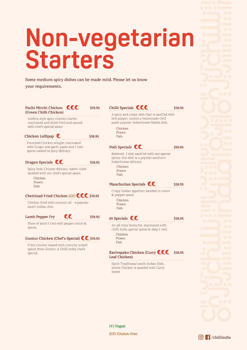 Menu, Chilli India On The Go