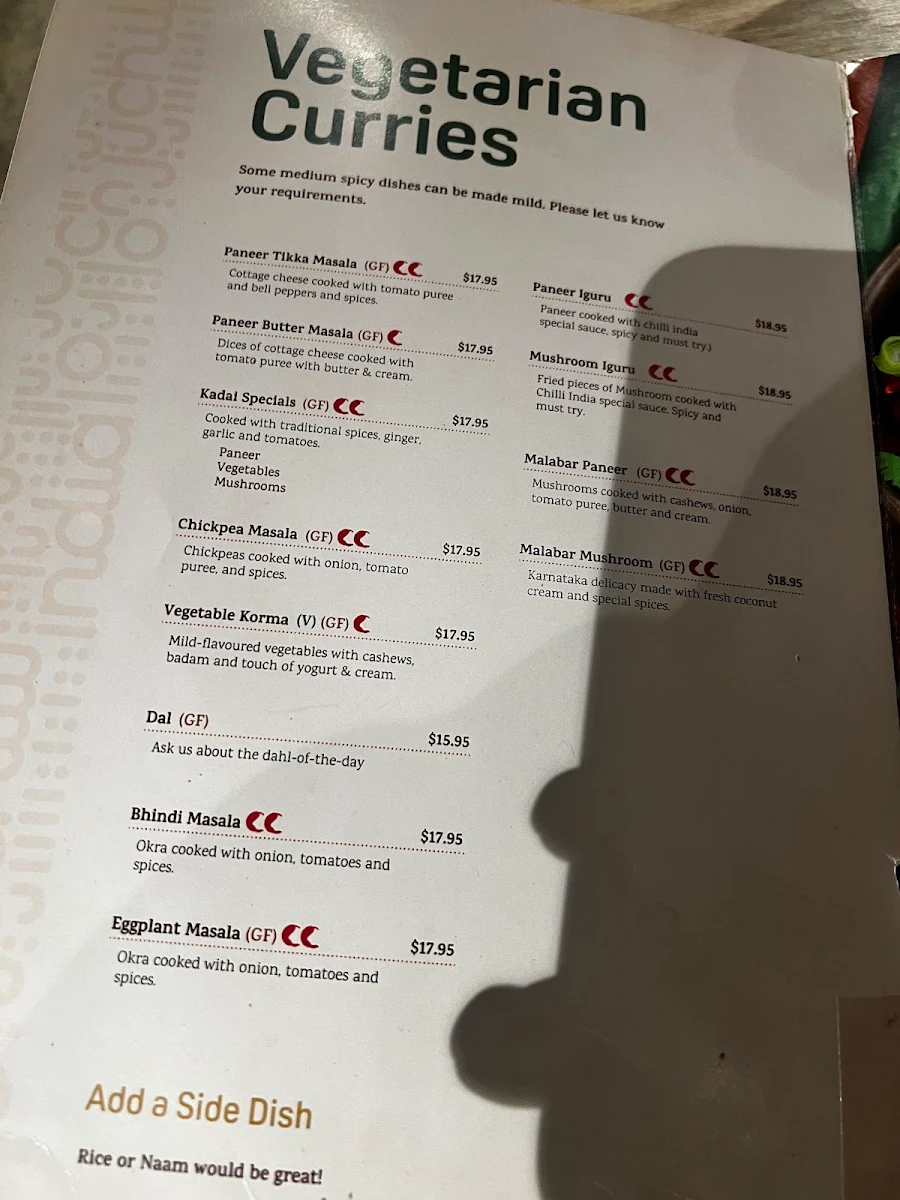 Menu, Chilli India On The Go