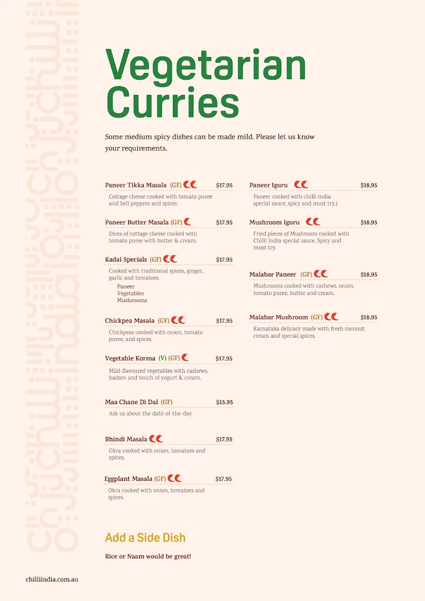 Menu, Chilli India On The Go