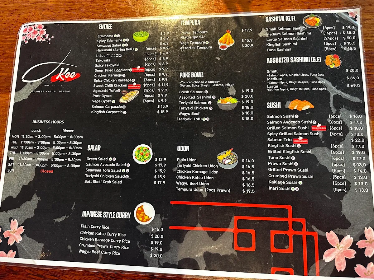 Menu, Kee Japanese Restaurant