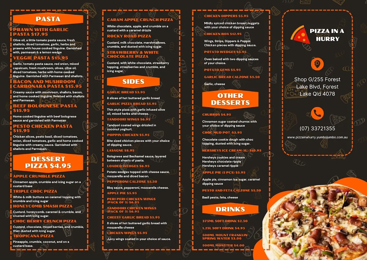 Menu, Pizza in a Hurry