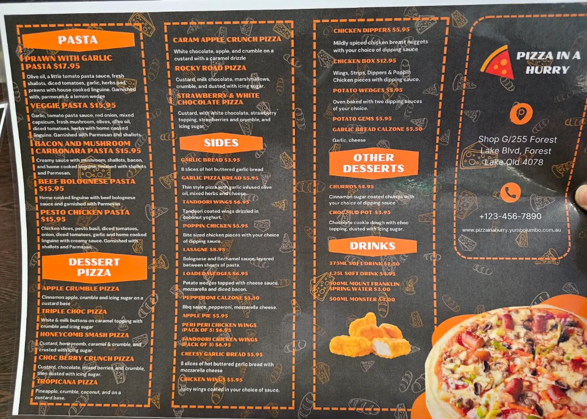 Menu, Pizza in a Hurry