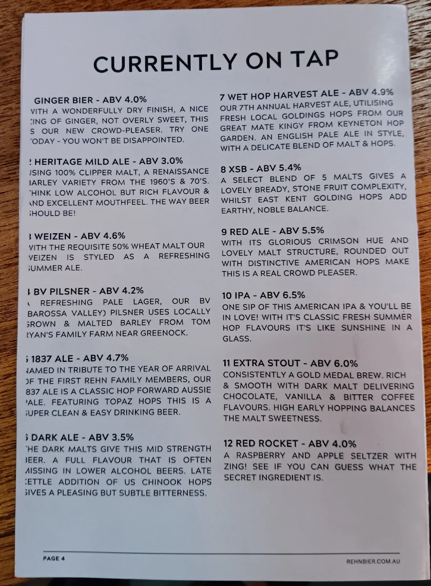Menu, Rehn Bier Brewery