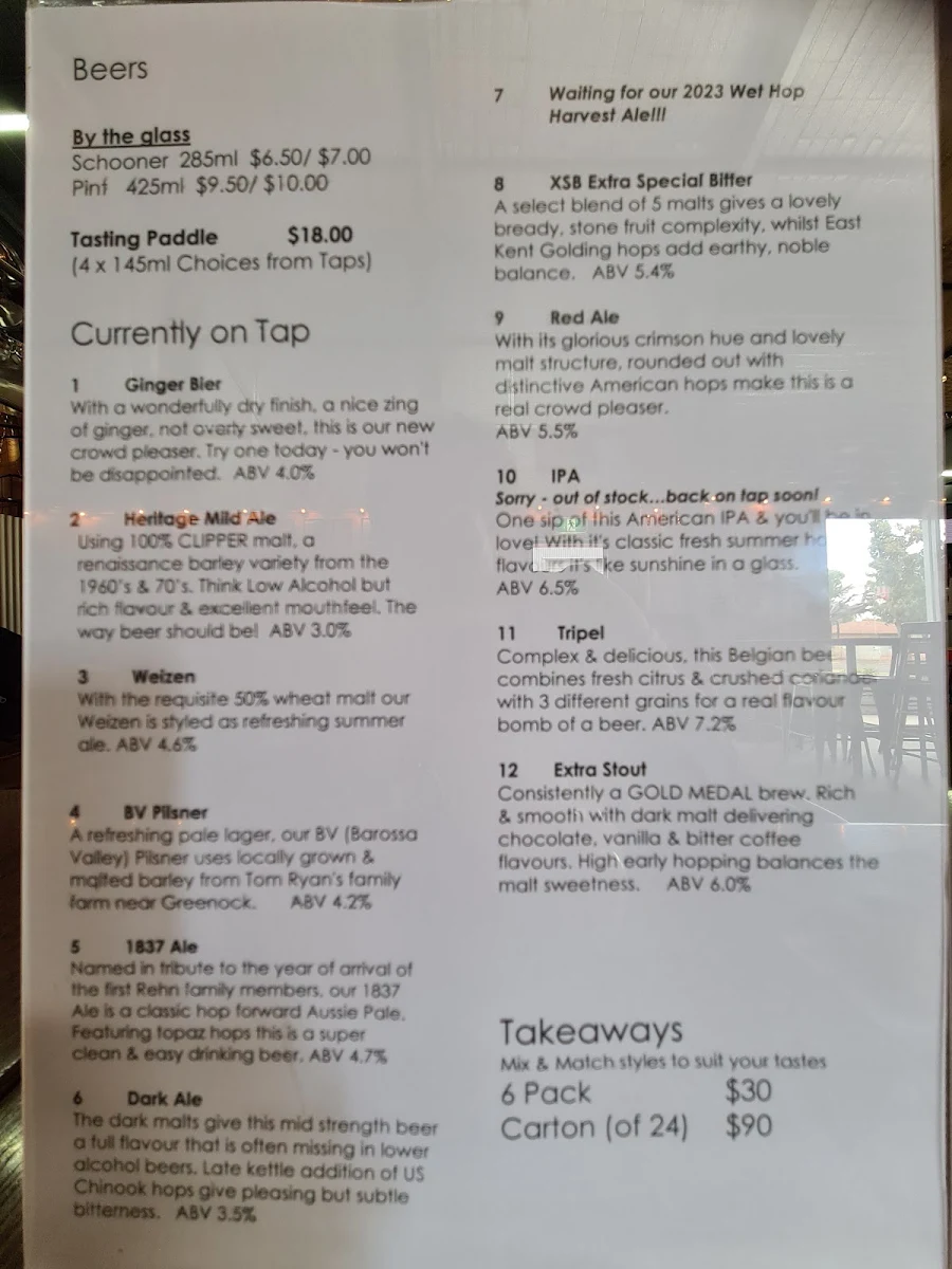 Menu, Rehn Bier Brewery