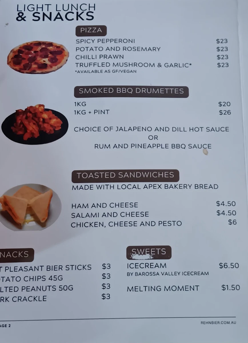 Menu, Rehn Bier Brewery