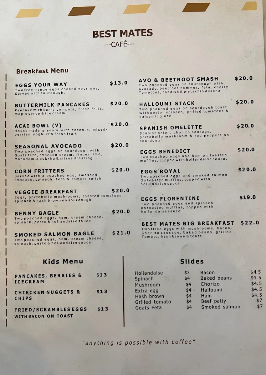 Menu, Best Mates Cafe