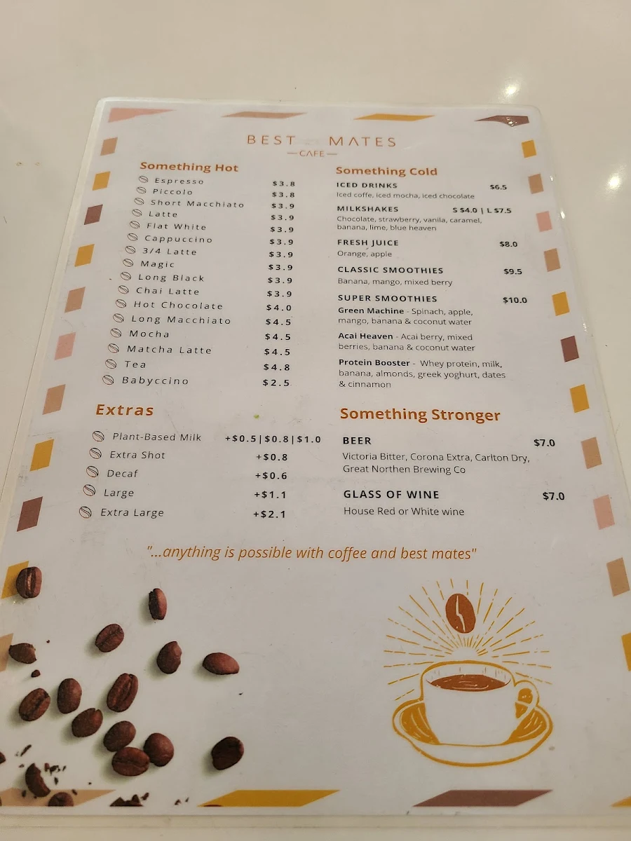 Menu, Best Mates Cafe