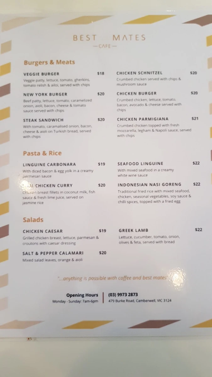Menu, Best Mates Cafe