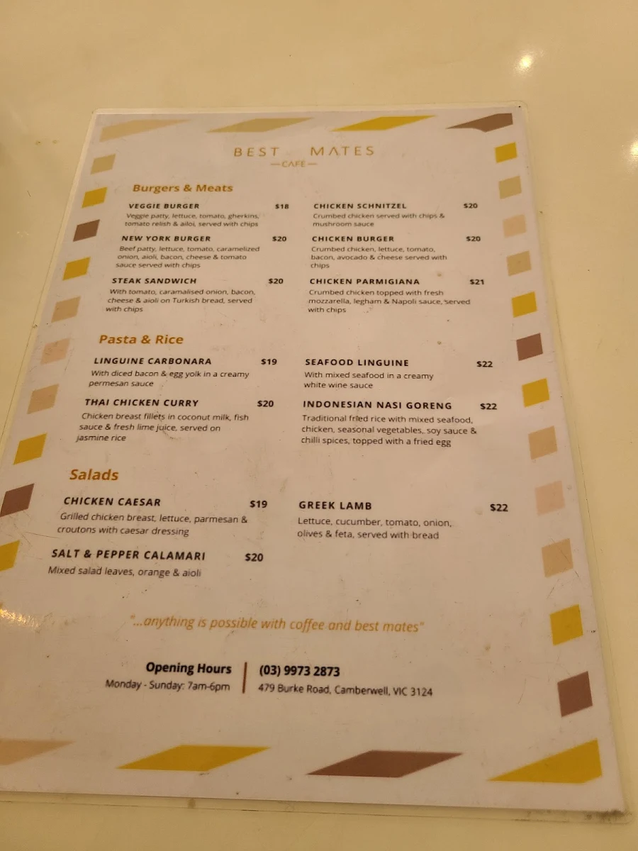 Menu, Best Mates Cafe