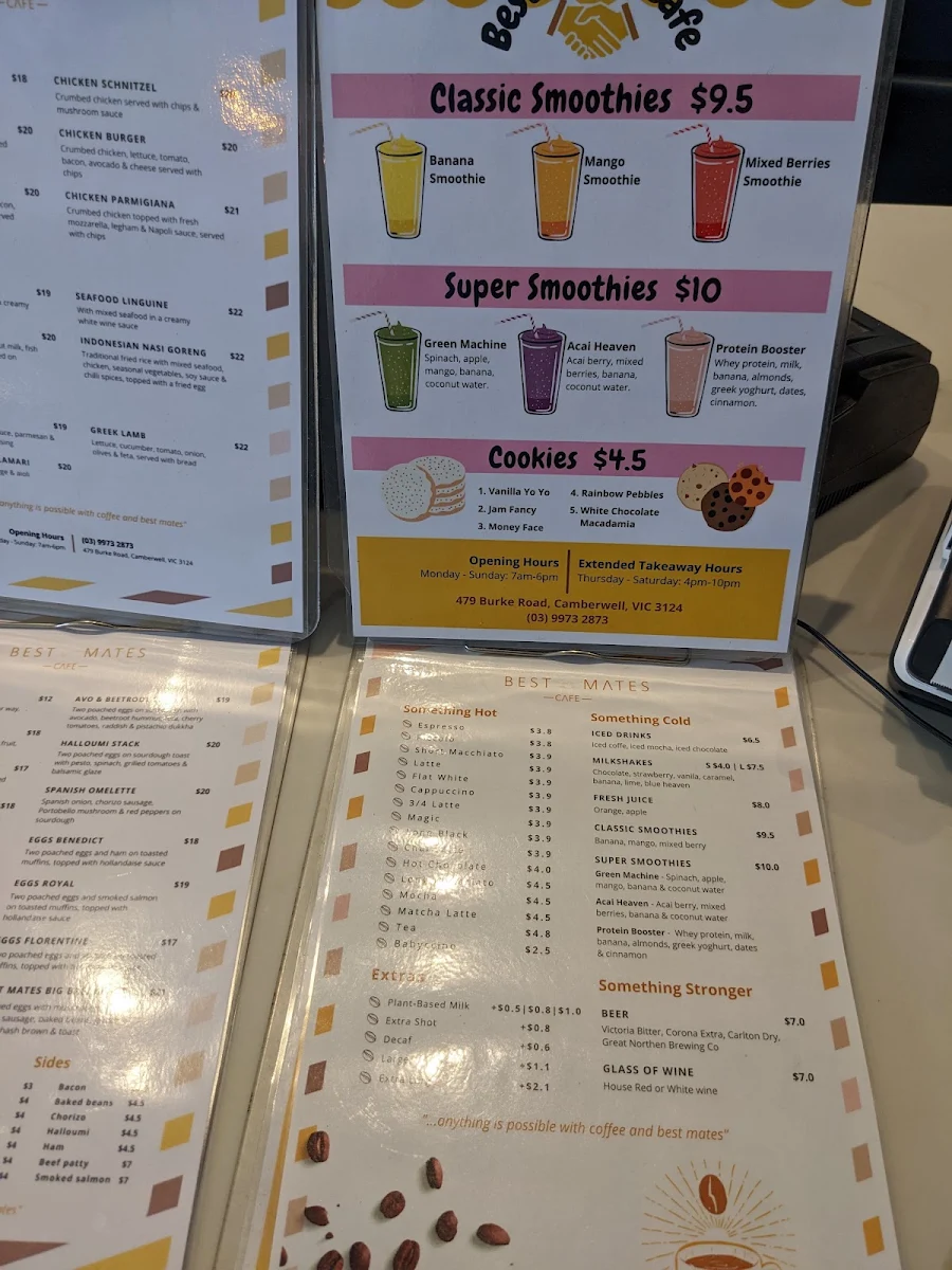 Menu, Best Mates Cafe