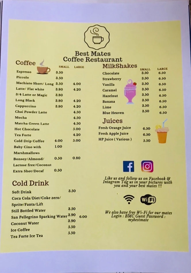 Menu, Best Mates Cafe
