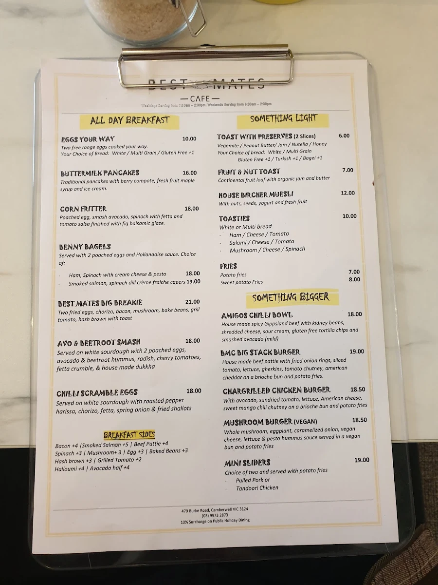 Menu, Best Mates Cafe