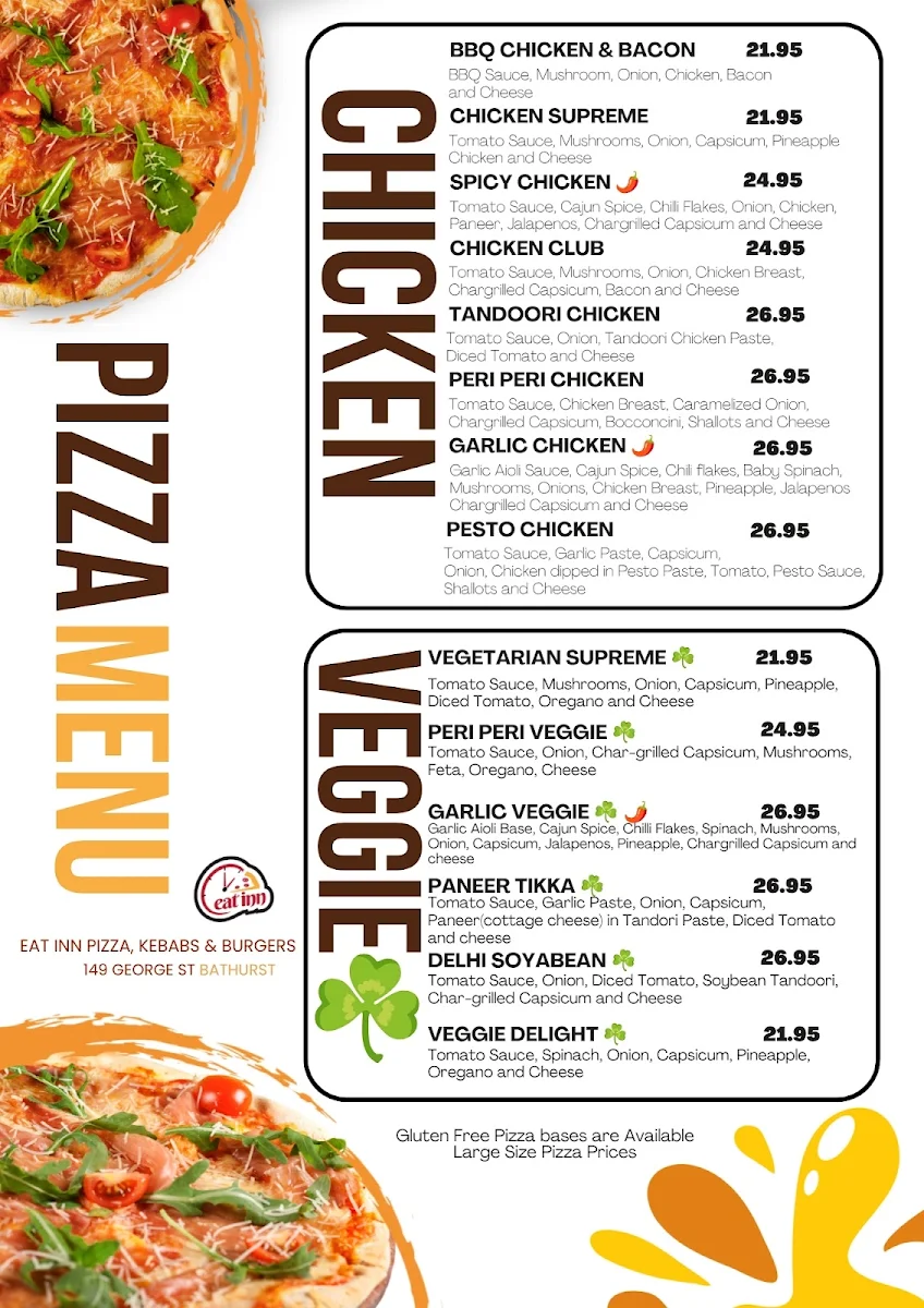 Menu, Eat inn Pizza Kebabs & Burgers