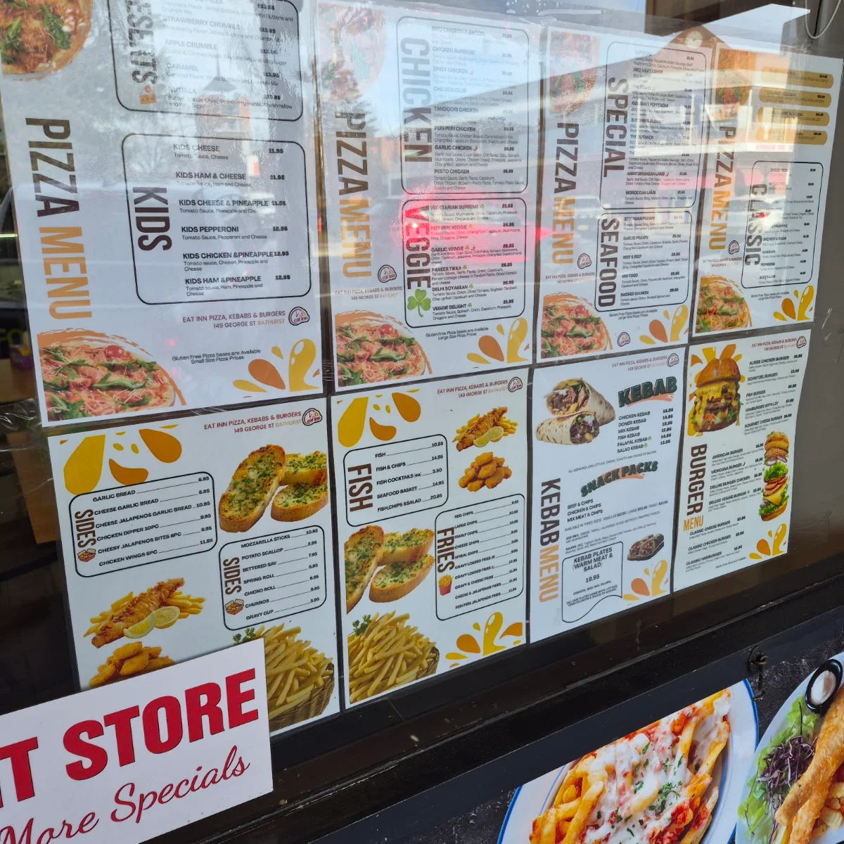 Menu, Eat inn Pizza Kebabs & Burgers
