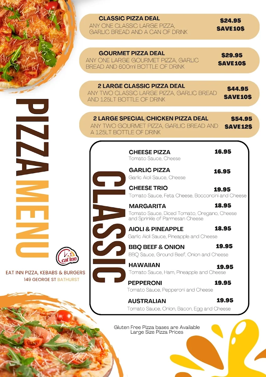 Menu, Eat inn Pizza Kebabs & Burgers