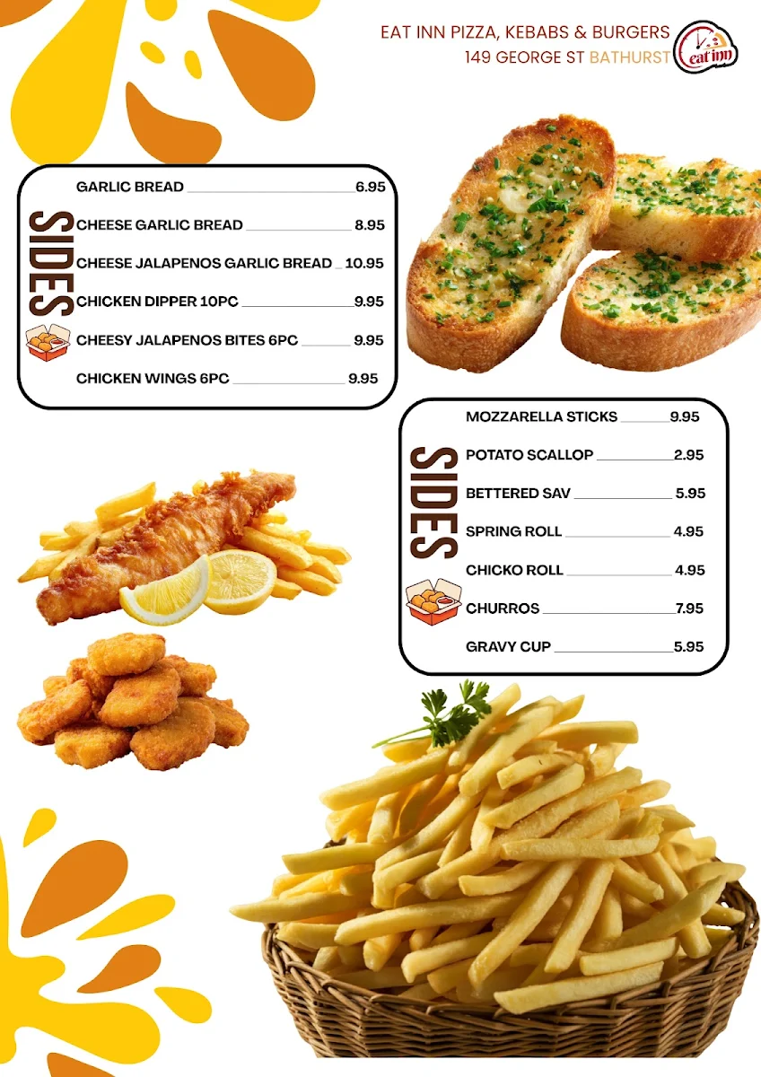 Menu, Eat inn Pizza Kebabs & Burgers
