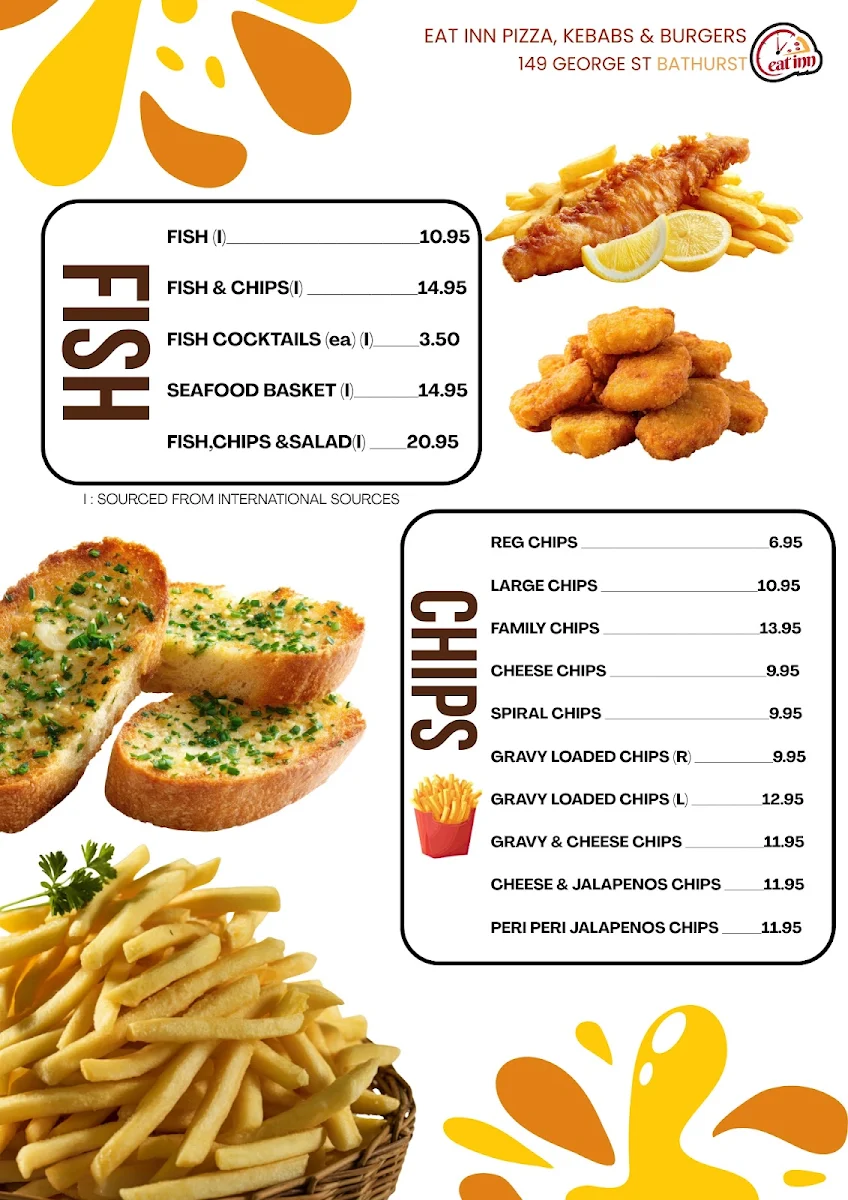 Menu, Eat inn Pizza Kebabs & Burgers