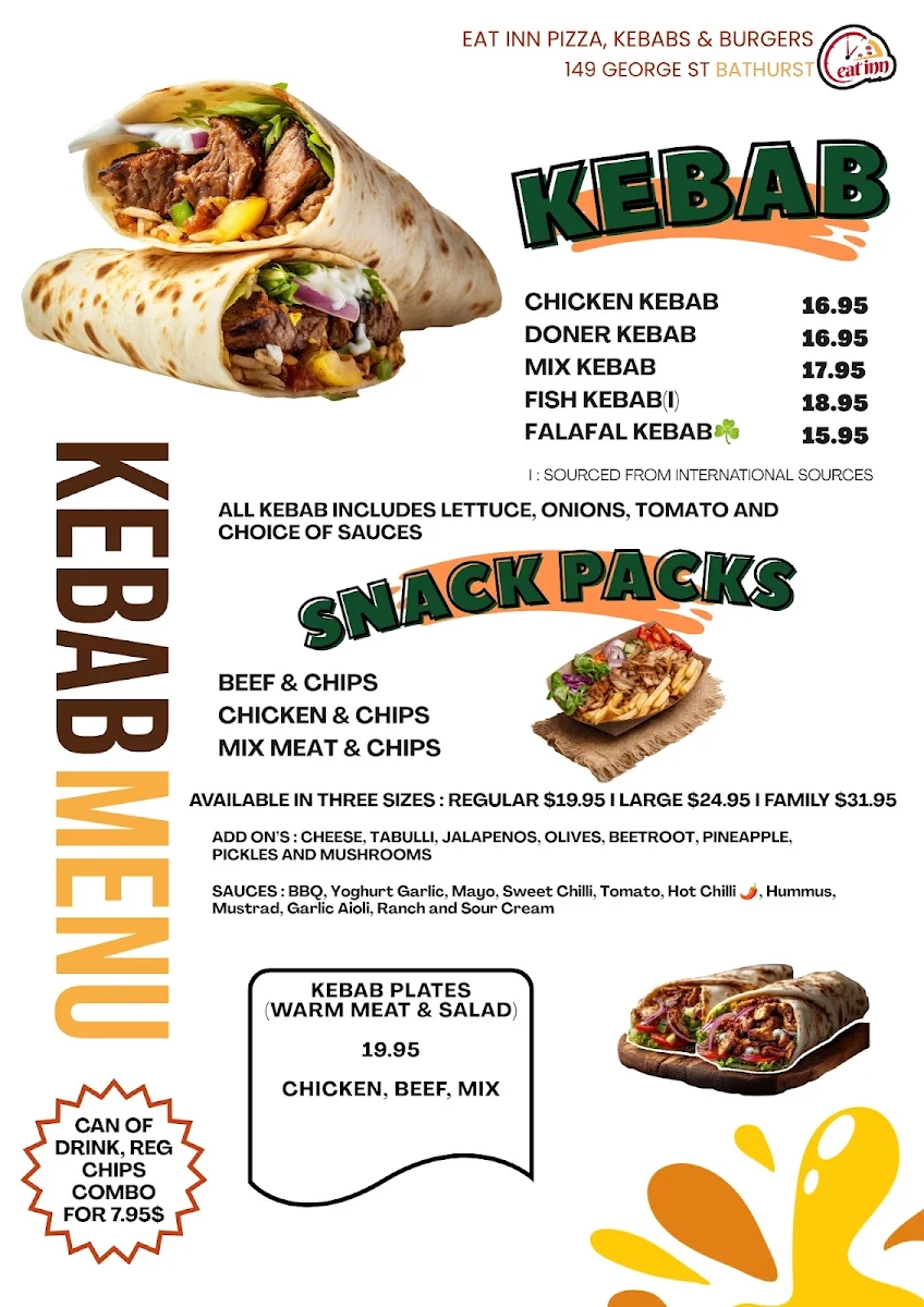 Menu, Eat inn Pizza Kebabs & Burgers
