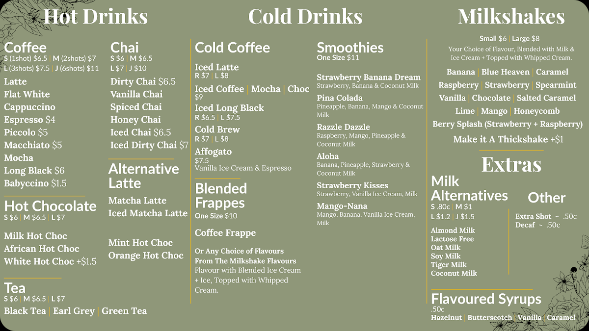 Menu, Bubbly Tea and Coffee Co