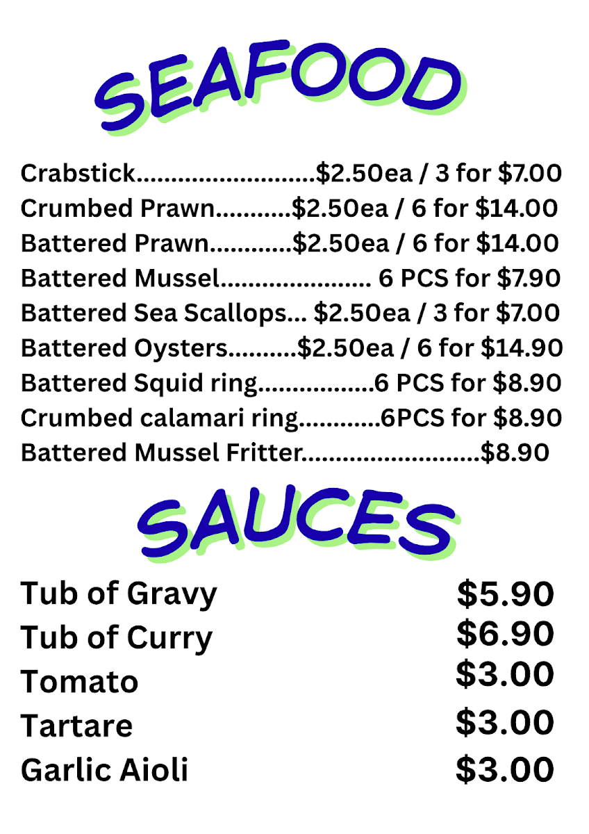 Menu, A1 Blue Bay Fish n Chips