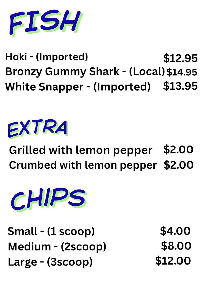 Menu, A1 Blue Bay Fish n Chips