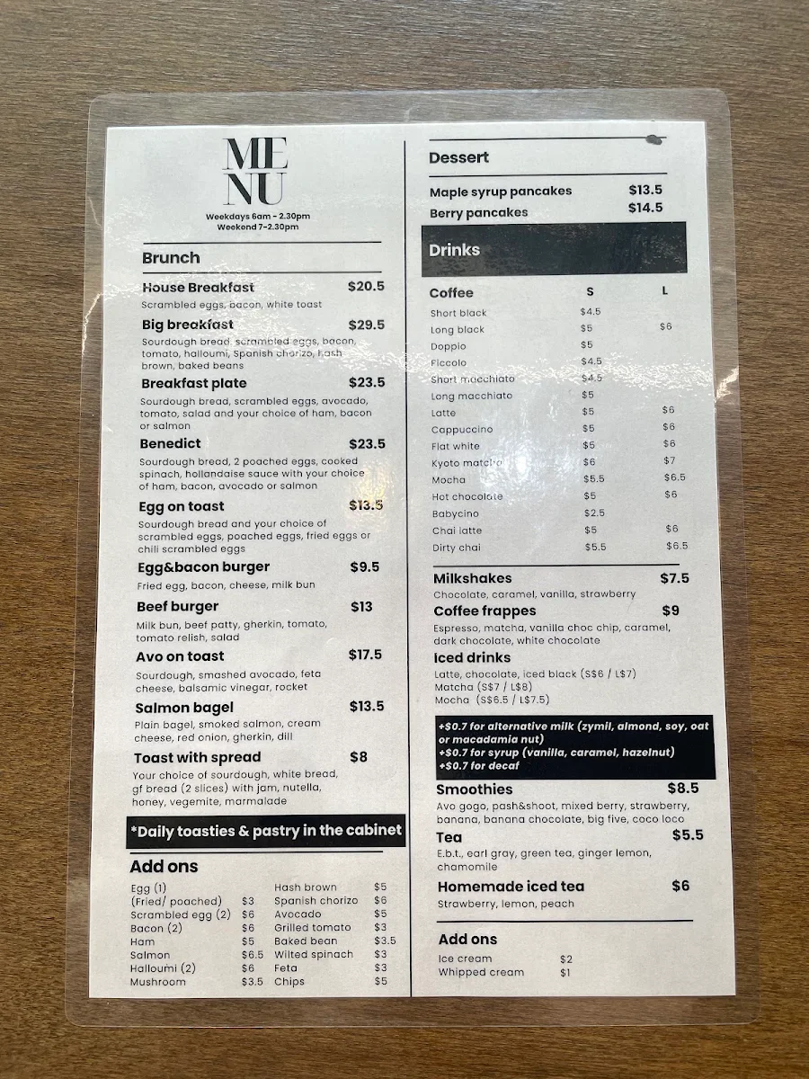 Menu, KRUBB BAKE AND BREW