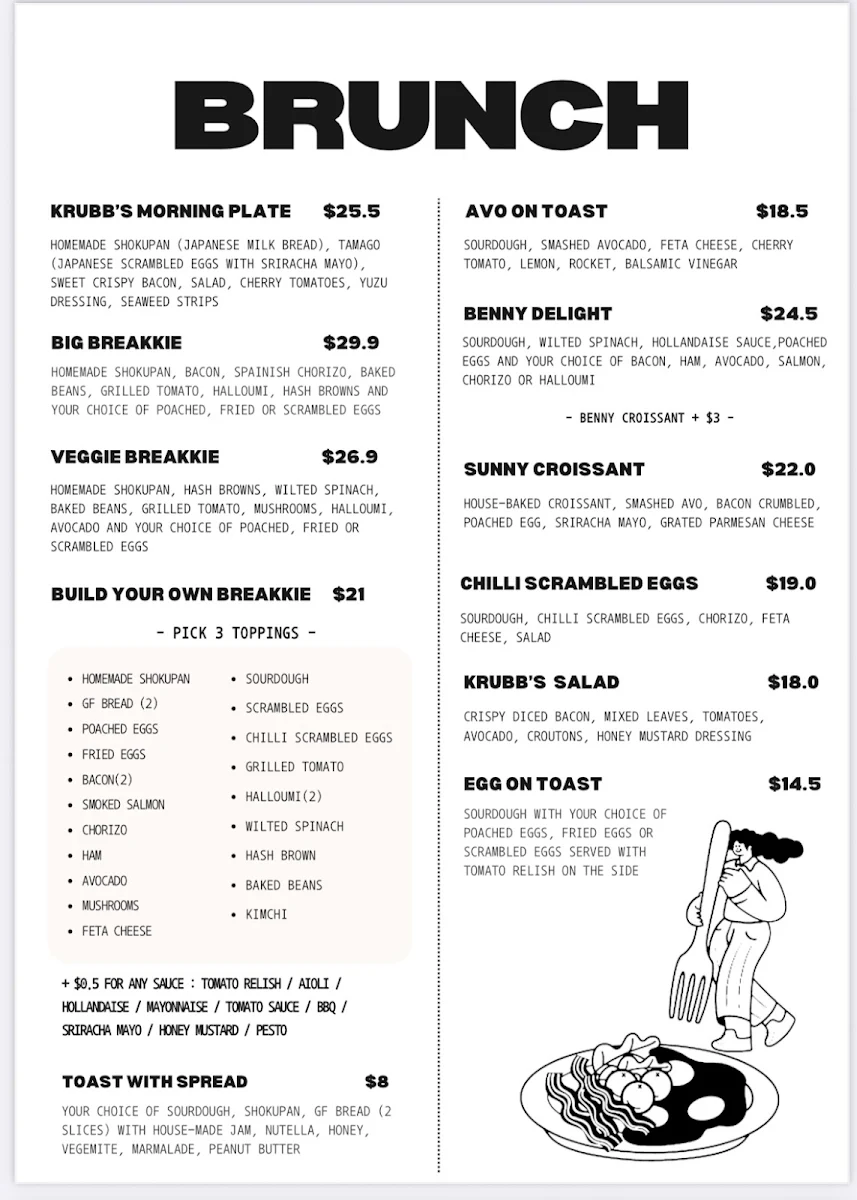 Menu, KRUBB BAKE AND BREW