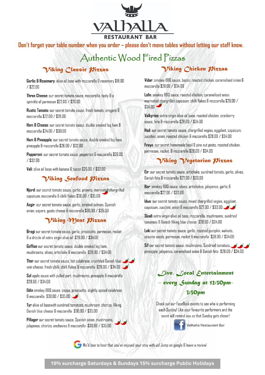 Menu, Valhalla Restaurant Bar