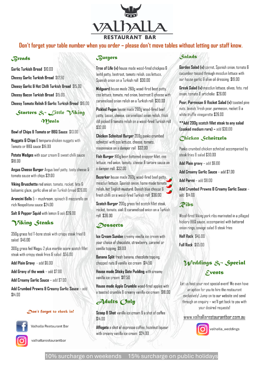 Menu, Valhalla Restaurant Bar
