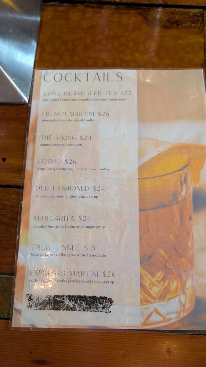 Menu, Valhalla Restaurant Bar