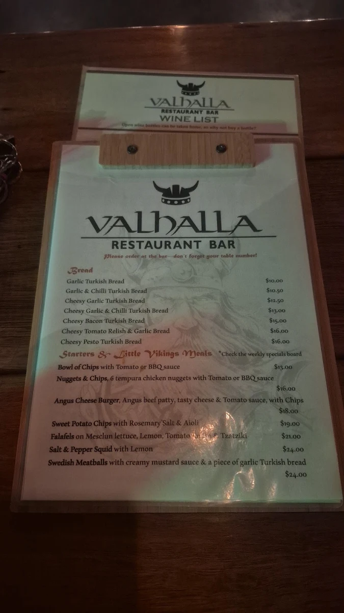 Menu, Valhalla Restaurant Bar