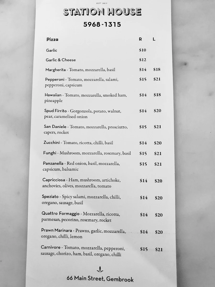 Menu, Station House Pizzeria