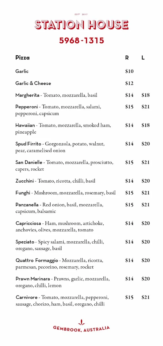 Menu, Station House Pizzeria