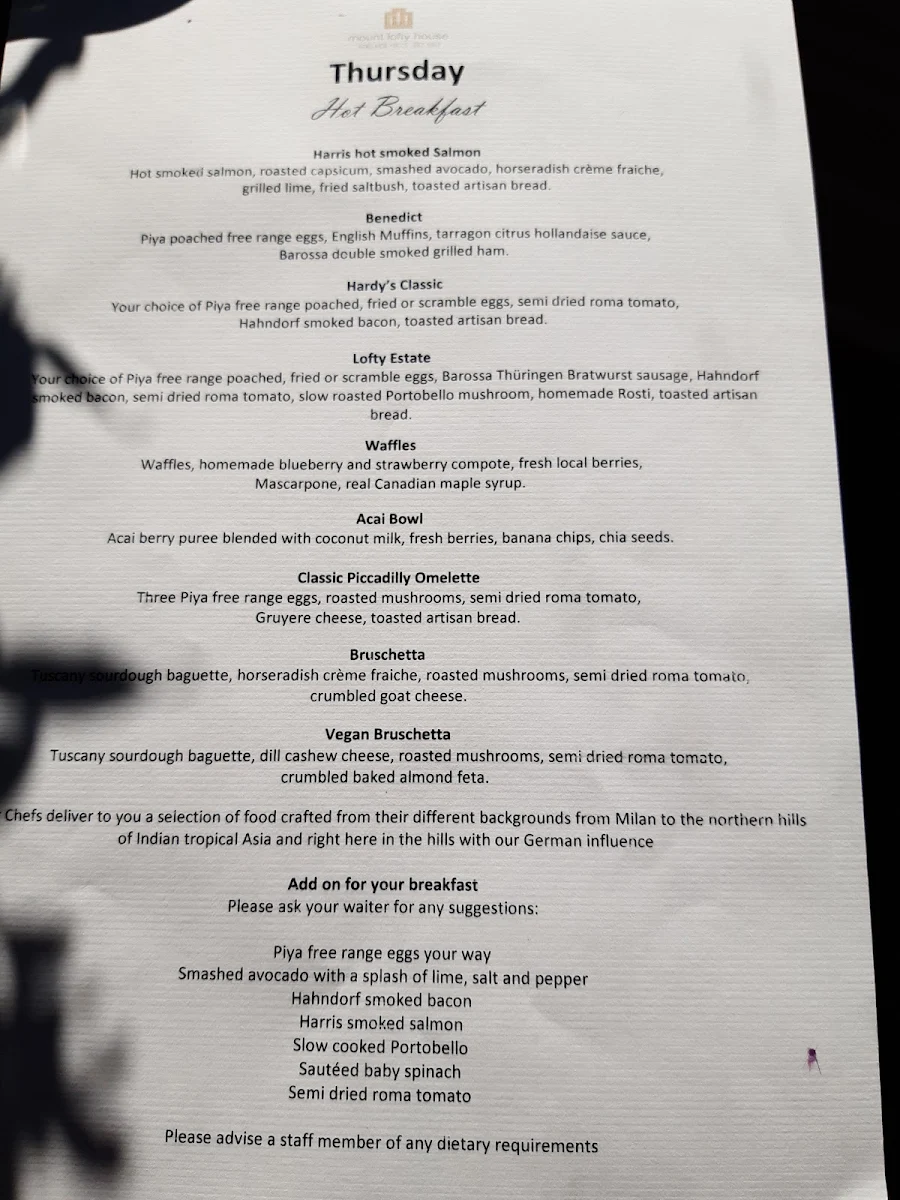 Menu, Hardy's Verandah
