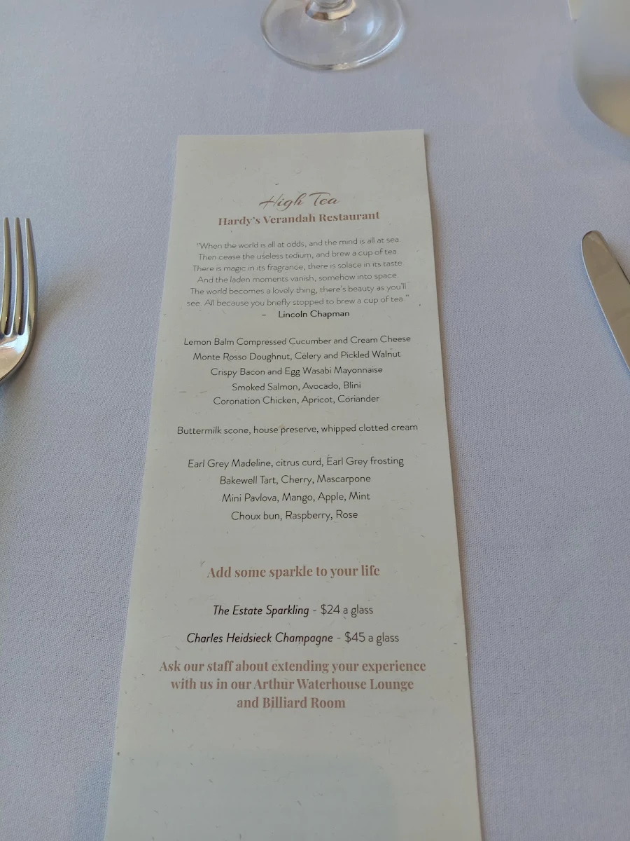 Menu, Hardy's Verandah