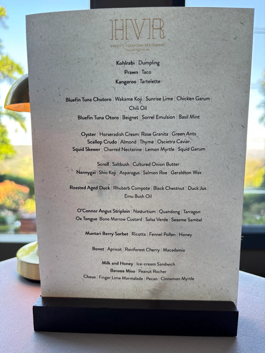 Menu, Hardy's Verandah