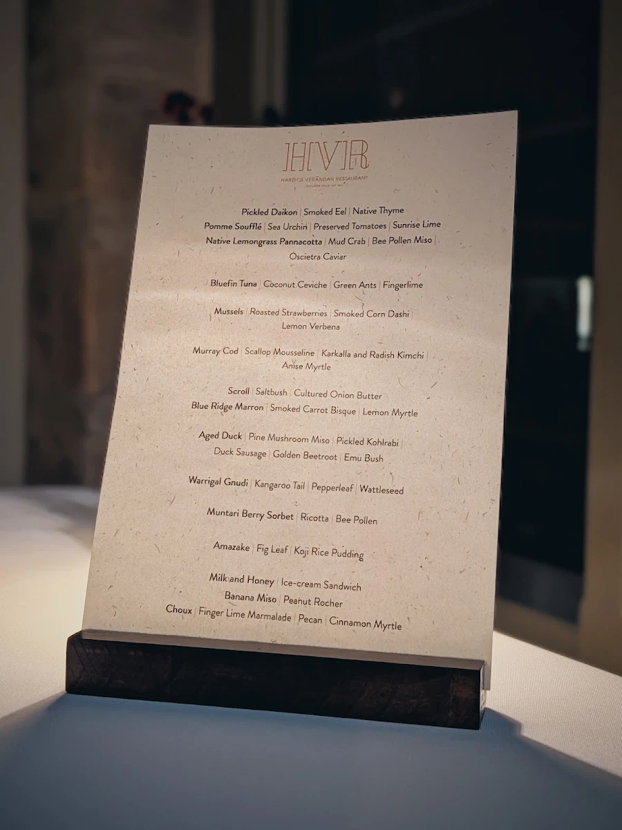 Menu, Hardy's Verandah