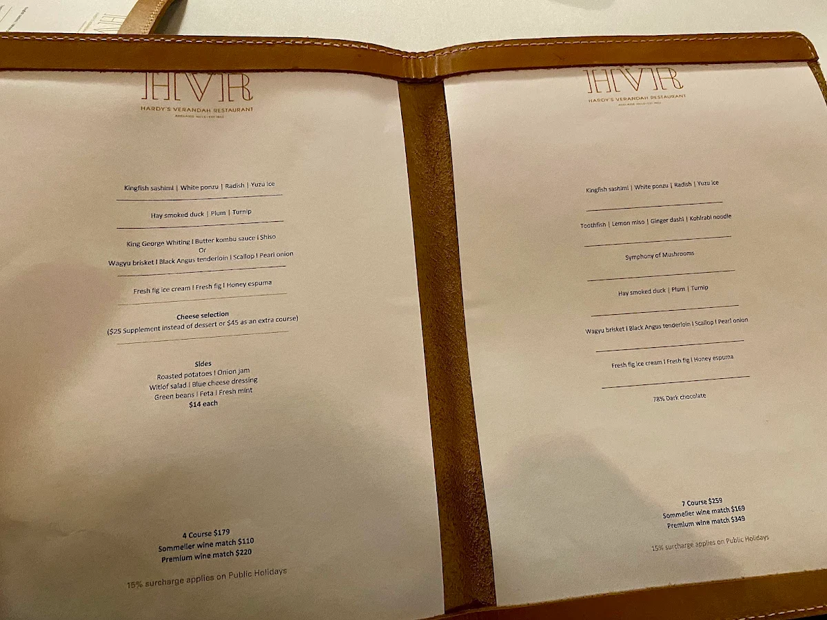 Menu, Hardy's Verandah