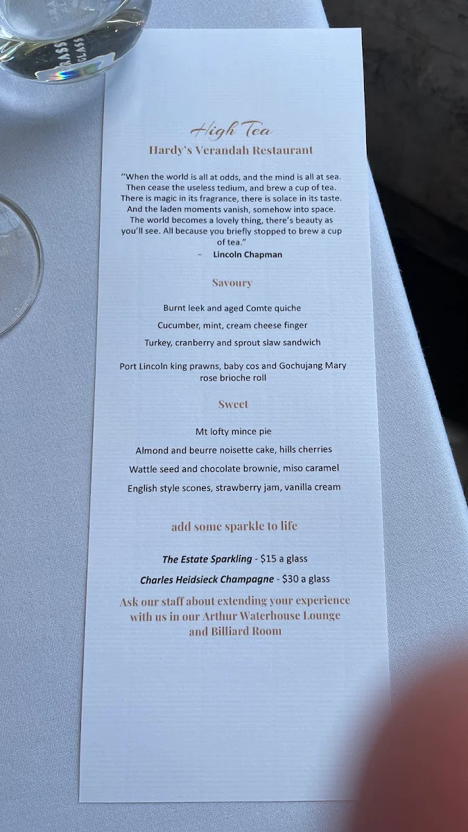 Menu, Hardy's Verandah